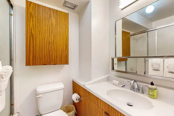 Full bathroom with spacious vanity, mirror, and storage