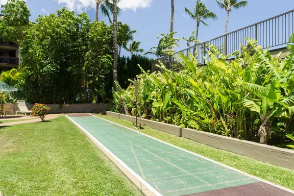 Outdoor dining area and shuffleboard court.