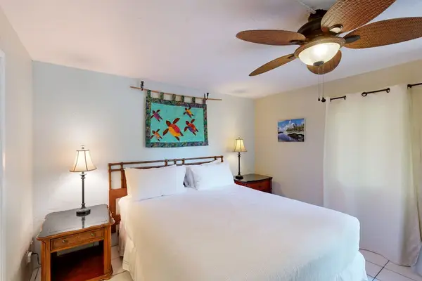 Tropical bedroom with king size bed and ceiling fan