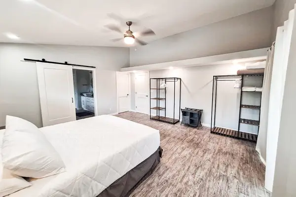 Large master bedroom with king bed and sliders to access the outside.