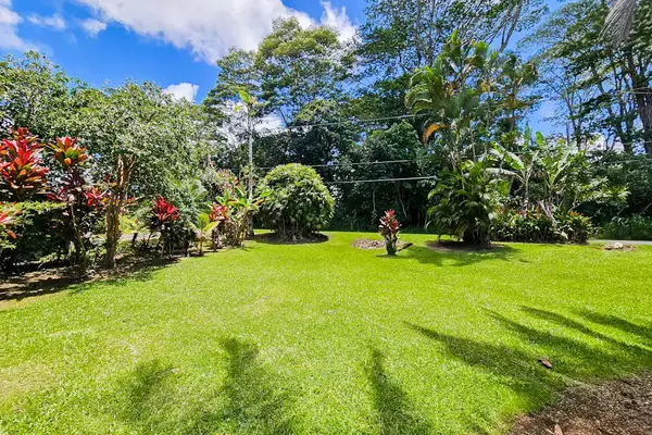 Escape to a private tropical backyard oasis surrounded by lush Hawaiian landscaping, swaying palms, and the peaceful beauty of paradise.