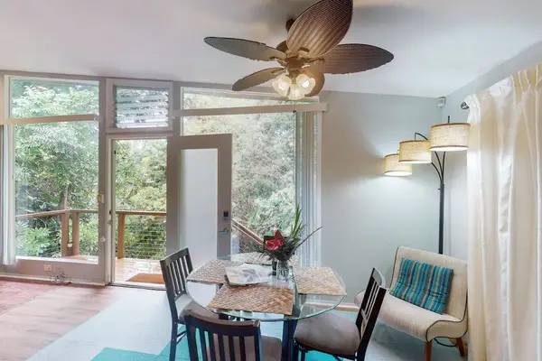 Warm and inviting dining space filled with natural light