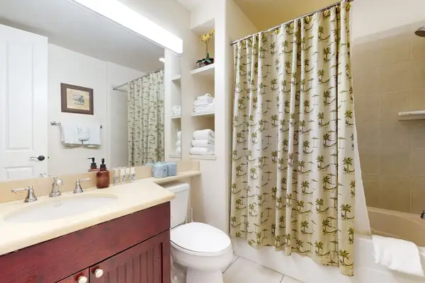 Full Guest Bathroom with Shower/Tub Combo & Built-In Towel Shelves