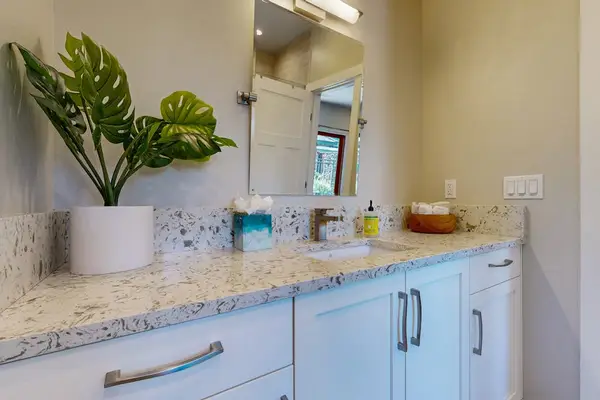 Bright Bathroom Vanity with Stone Countertop, Potted Plant & Mirror