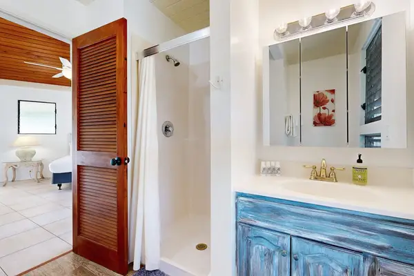 Pacific Breeze Bath with Blue Vanity & Walk-In Shower