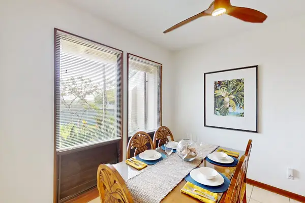 Bright dining space with peaceful garden views