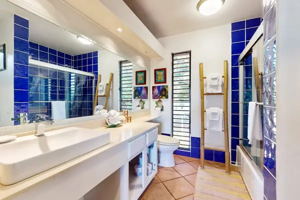 Bright bathroom features dual sinks, blue tile, and spacious shower