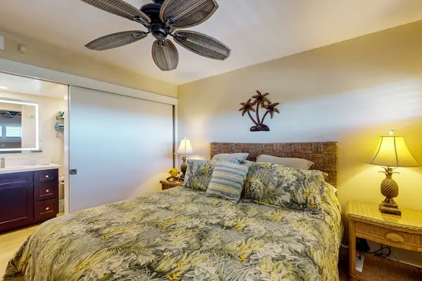 Bedroom with king bed, ceiling fan, en suite bathroom and a flat screen TV