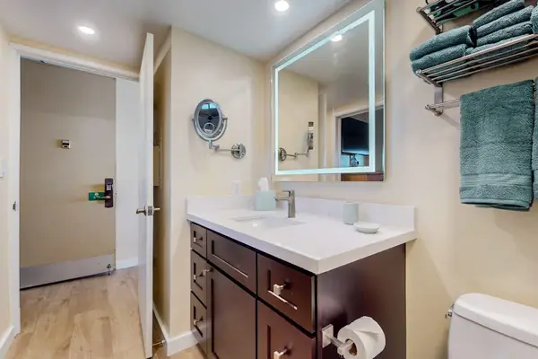 Bright, updated bathroom featuring a spacious tiled walk-in shower and modern finishes.