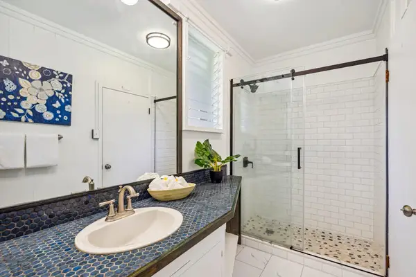 Master bedroom with large walk-in shower.