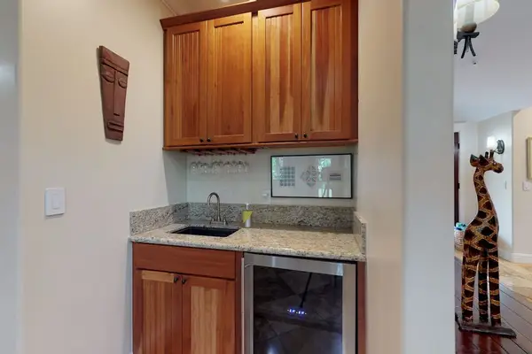 Breakfast bar and wine fridge.