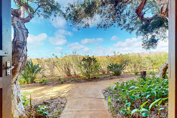 Landscaped exterior path reveals open island surroundings and tropical greenery
