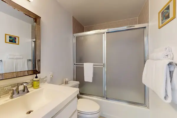 Bright Full Bathroom With Walk In Shower