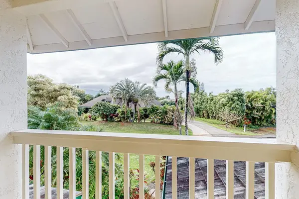 Balcony railing frames palm trees gardens and bright tropical daylight