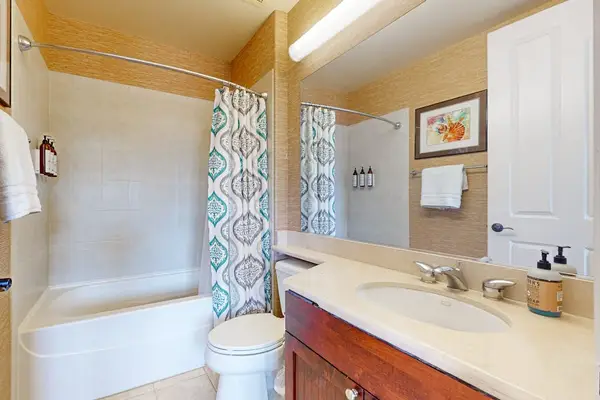 Bathroom offers bathtub vanity mirror and colorful patterned shower curtain