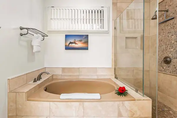 Unwind with a soaking tub and a spacious walk-in shower.