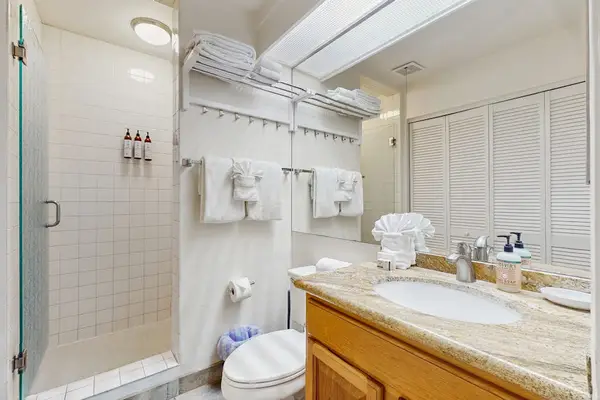 Crisp bathroom design combines practical amenities with contemporary decorative details