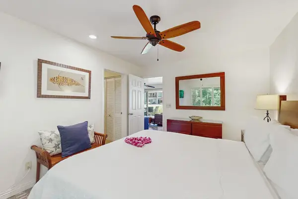 Tastefully arranged bedroom provides a peaceful setting for restorative stays