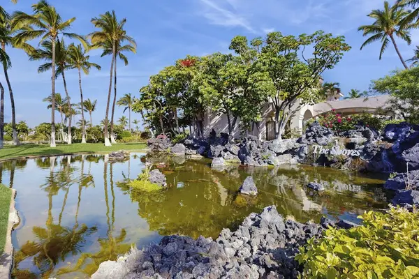 Scenic pond surrounded by vibrant tropical landscaping.