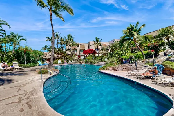 Turquoise pool water reflects swaying palms across sunlit resort courtyard