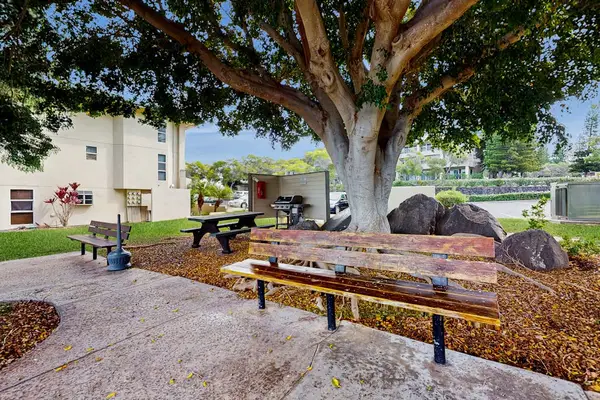 Shaded picnic area with outdoor seating.