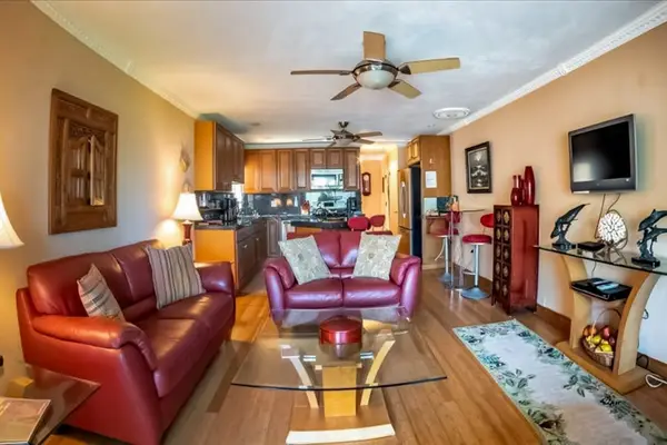 Living room features comfortable seating television ceiling fan and decor