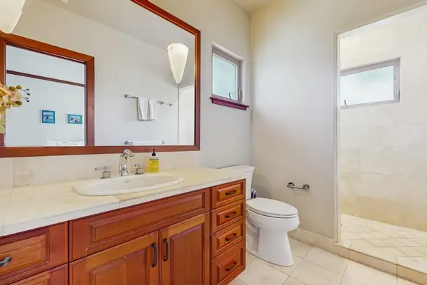 Guest room with large tiled walk-in shower.