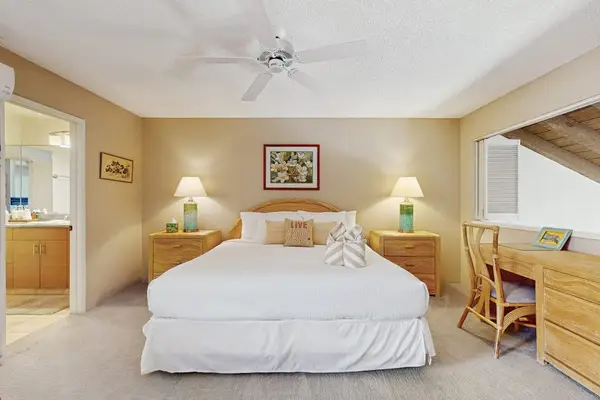 Centers king bedding beneath vaulted ceilings and sunlight