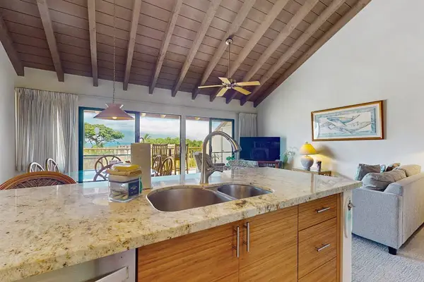 Kitchen view reveals granite counters living room and garden beyond