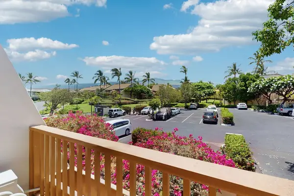 Balcony railing overlooks palm gardens parking and bright Maui skies