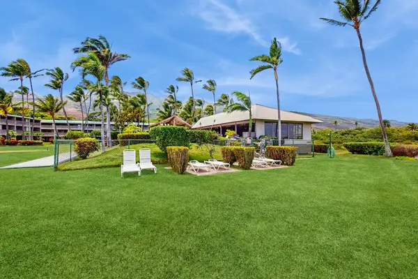 Expansive resort lawn offers palms, seating, buildings, and mountain views