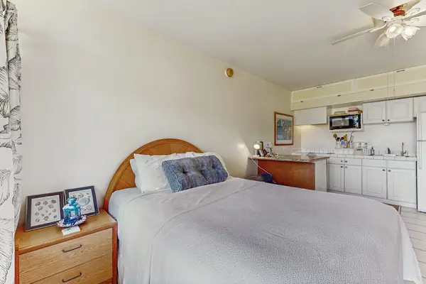 Sleeping area shows queen bed, nightstand, artwork, and access