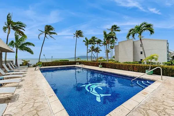 Swimming pool sits beside palms, loungers, ocean horizon, and deck