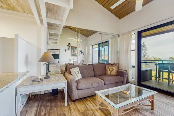 Living room with comfortable sofa bed for extra guests.