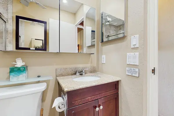 Master bathroom with large walk-in tiled shower.