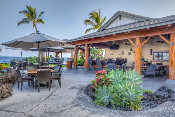 Covered Outdoor Pavilion Dining Area & Sun Umbrellas