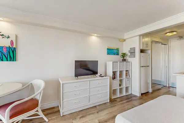 The studio layout features a flat-screen TV on a white dresser, versatile cube storage, and sleek wood-style flooring.