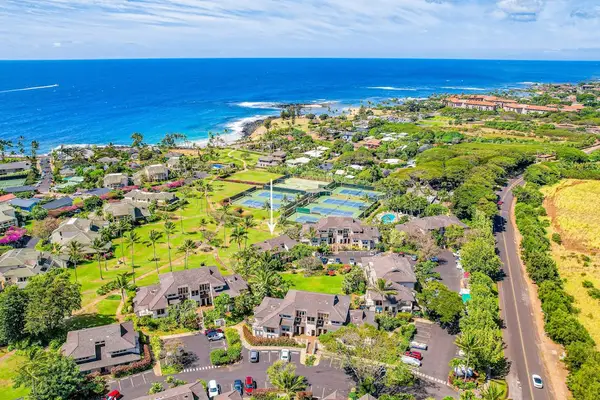 Aerial view of the tropical coastline and surrounding neighborhood
