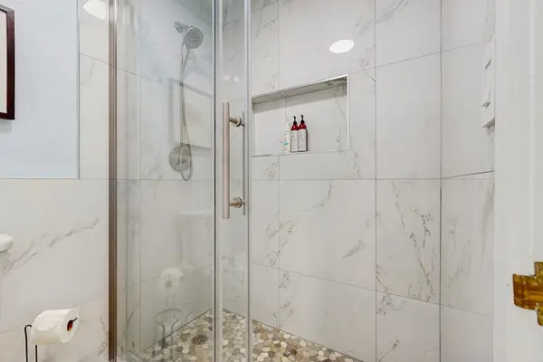 Walk-in shower with sleek finishes