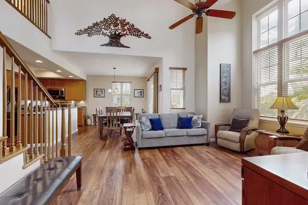 Bright living room with vaulted ceilings