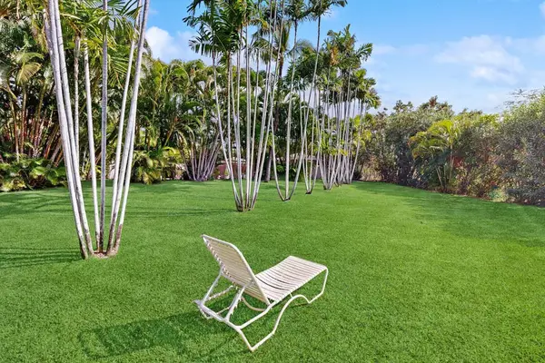 Spacious lawn surrounded by tropical landscaping