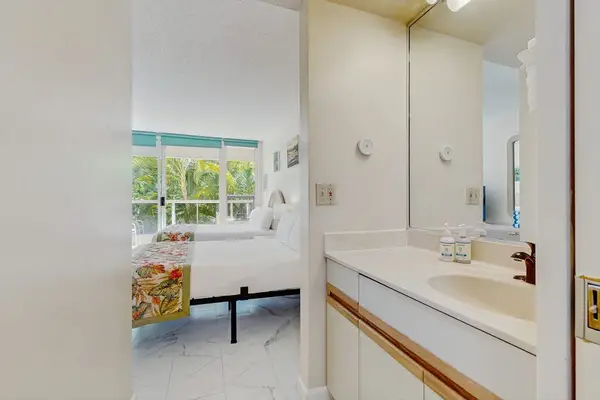 Bright bathroom vanity with convenient counter space