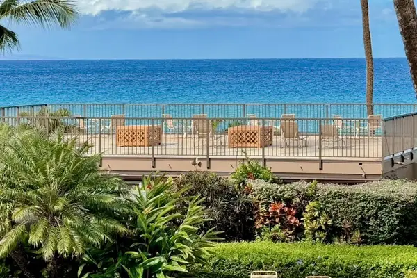 Tropical gardens overlooking brilliant blue ocean