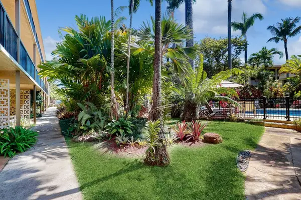 Lush courtyard with tropical landscaping
