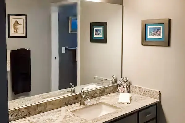 Bathroom vanity provides counter space bright lighting and framed artwork