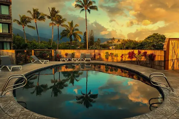 Sunset pool mirrors swaying palms beside inviting island lounge chairs