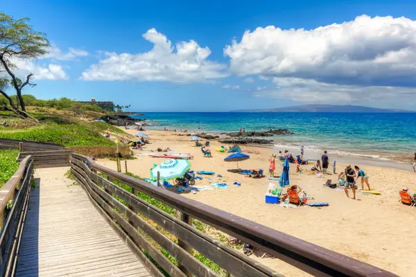 Beautiful sandy beach with clear blue ocean views