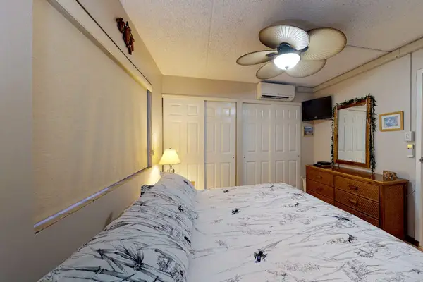 Bright bedroom with ceiling fan and ample storage