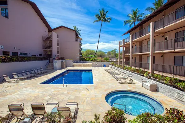 Resort pool and hot tub surrounded by tropical palms