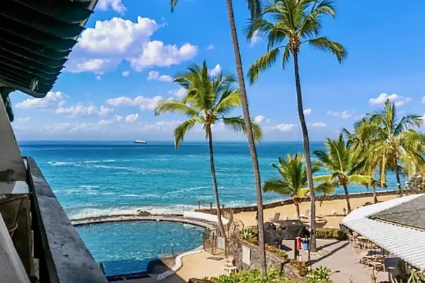 Pacific coastline views frame palm trees and blue island waters